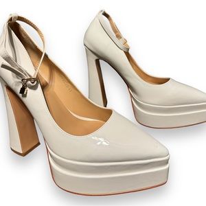 Size 10 Women Platform High Heels Chunky Block Heel Pumps Pointed Toe White